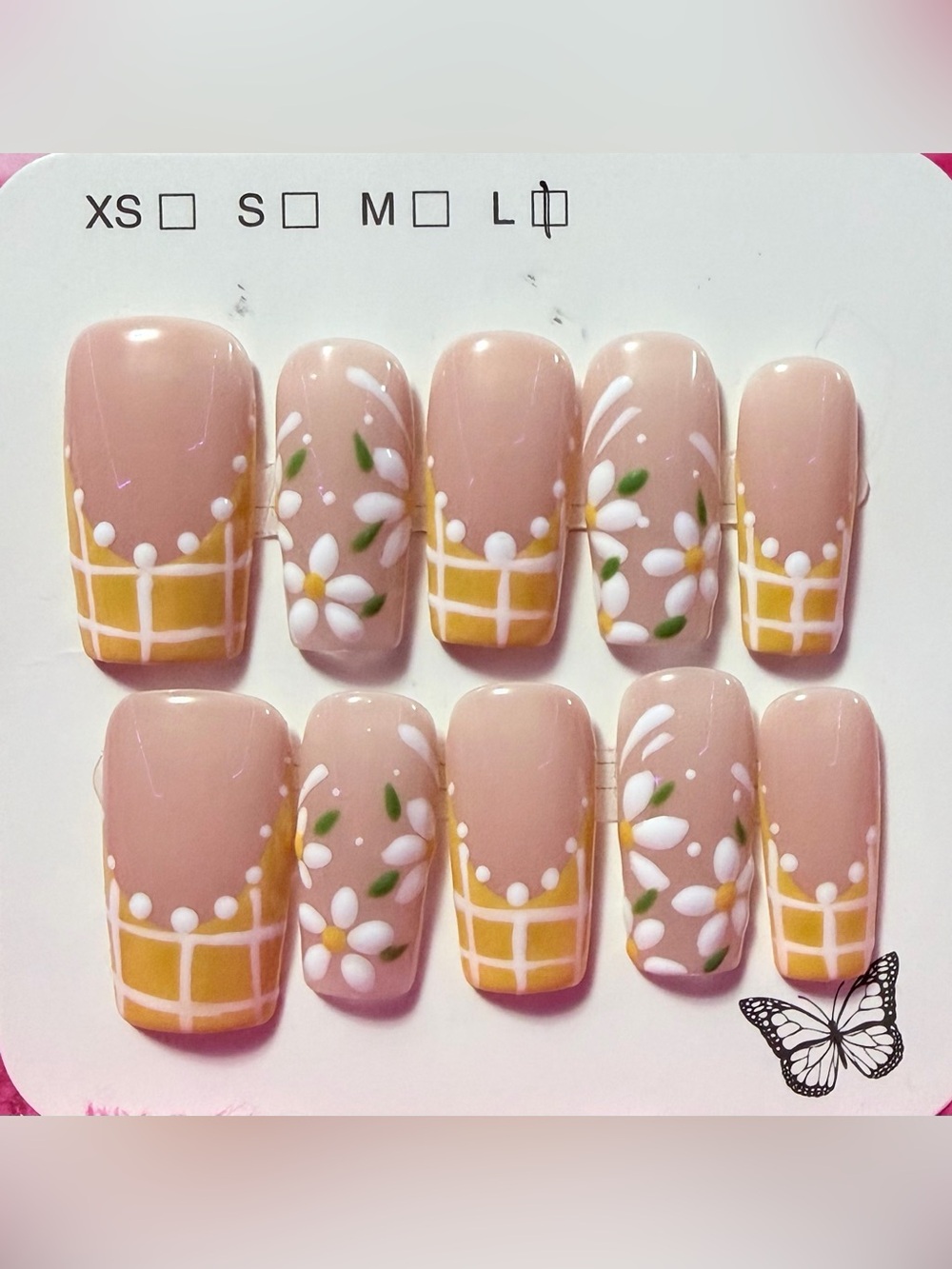 Press-On Nail Set - Yellow Floral Design